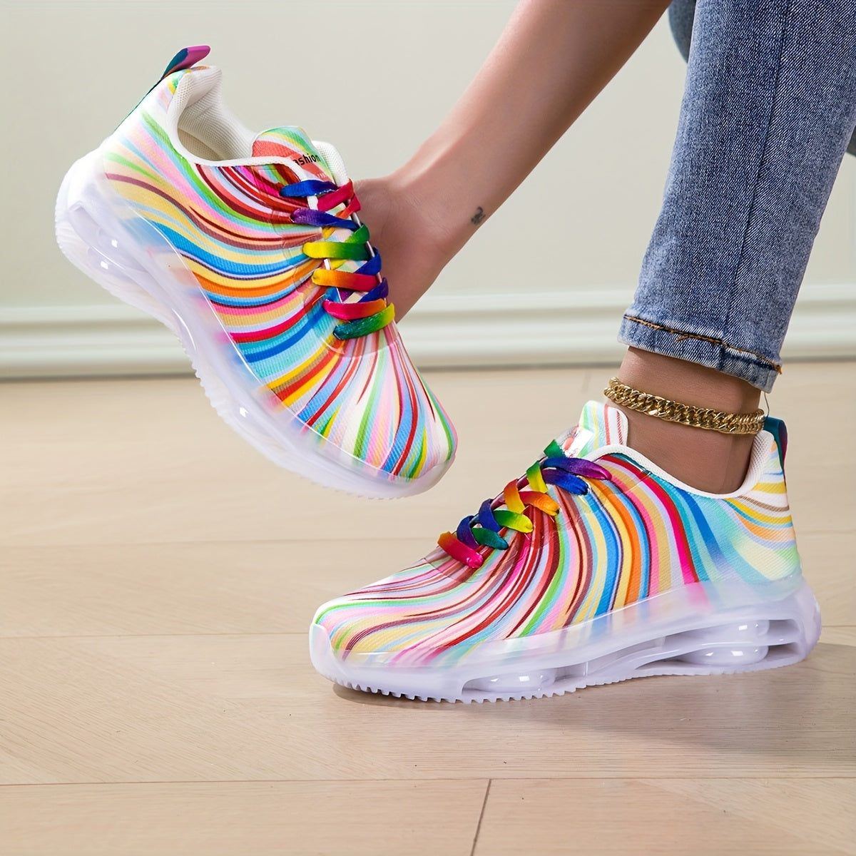 Summer Mesh Fashion Women's Rainbow Stripe Running Shoes Lace-up Casual Sports Shoes for Ladies Beach and Leisure