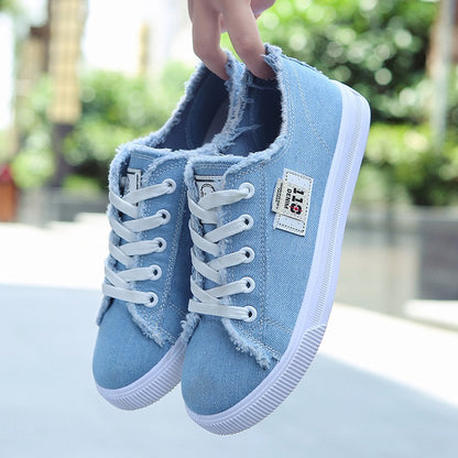 Low Top Denim Sneakers Lace-Up Canvas Sneakers for Women Spring Summer