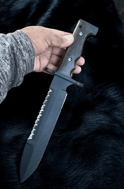 Handmade Carbon Steel Bowie Knife  PowderCoated 15 Hunting Blade  Wangi Wood Handle  Leather Sheath 2