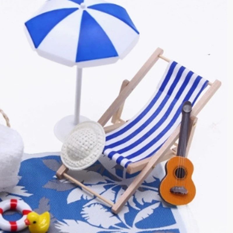 Mini Beach Umbrella  Deckchair Set For Dollhouses 2