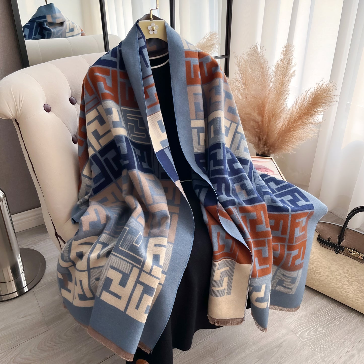 Luxury Womens Two-Sided Print Scarf, Soft Warm Pashmina Shawl, Winter Coldproof Windproof Blanket Fashion