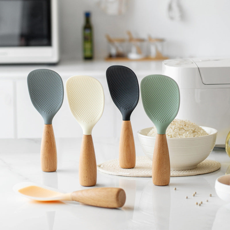 Household Rice Cooker Wooden Handle Silicone Rice Spoon, Non Stick High Temperature Resistant Spoon