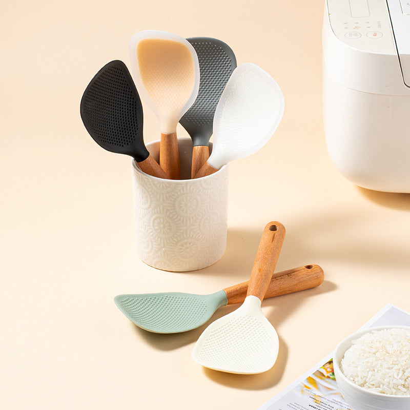 Household Rice Cooker Wooden Handle Silicone Rice Spoon Non Stick High Temperature Resistant Spoon 3