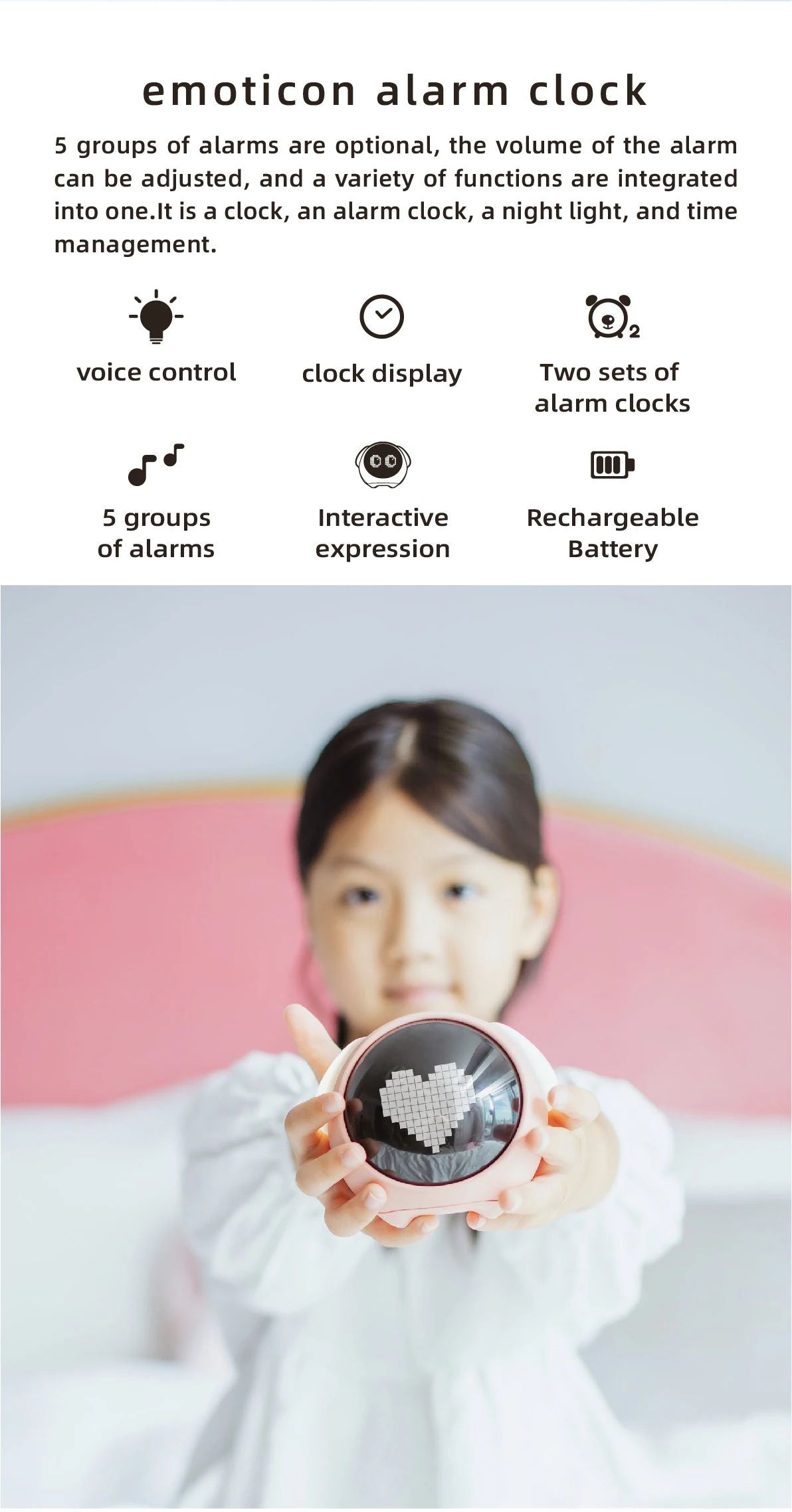 Cute Kids Digital Alarm Clock With Light And Emoji Display 9