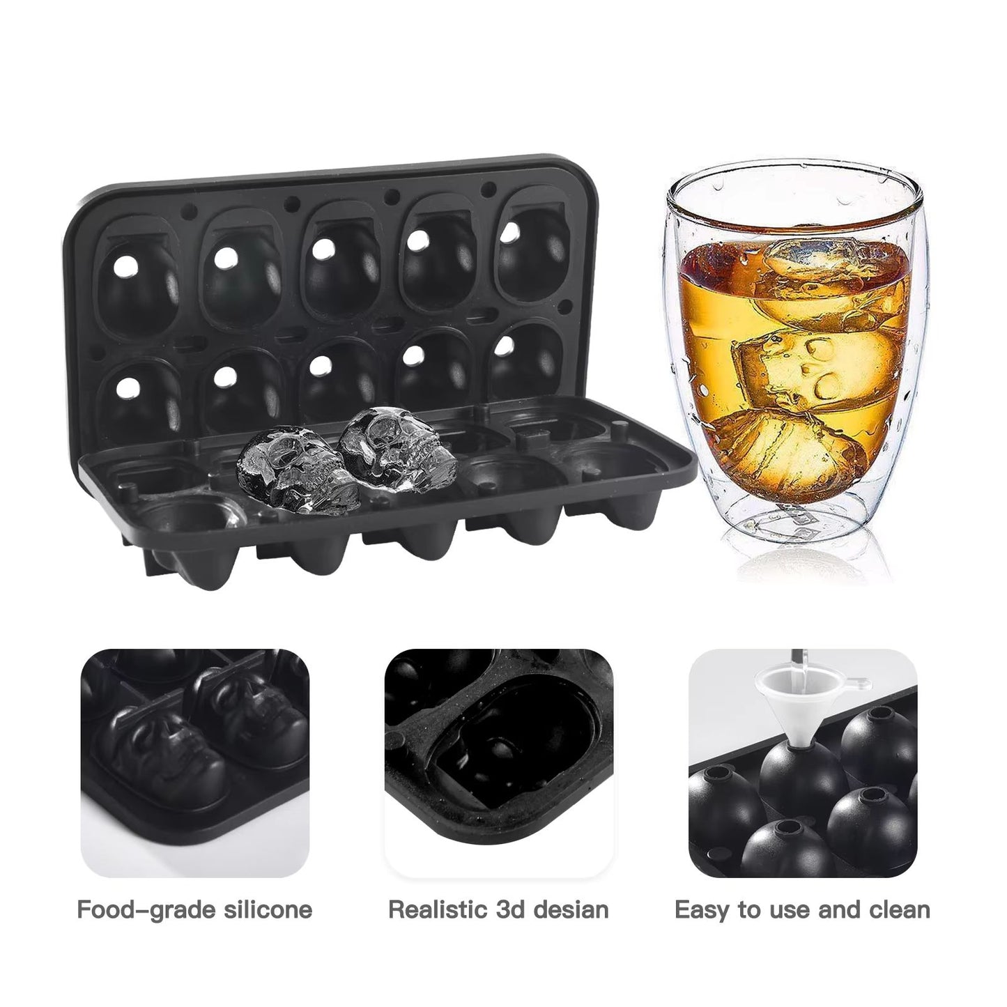 Skull & Whiskey Silicone Ice Mold – 10-Cavity Food-Grade Ice Block Tray with Filling Funnel