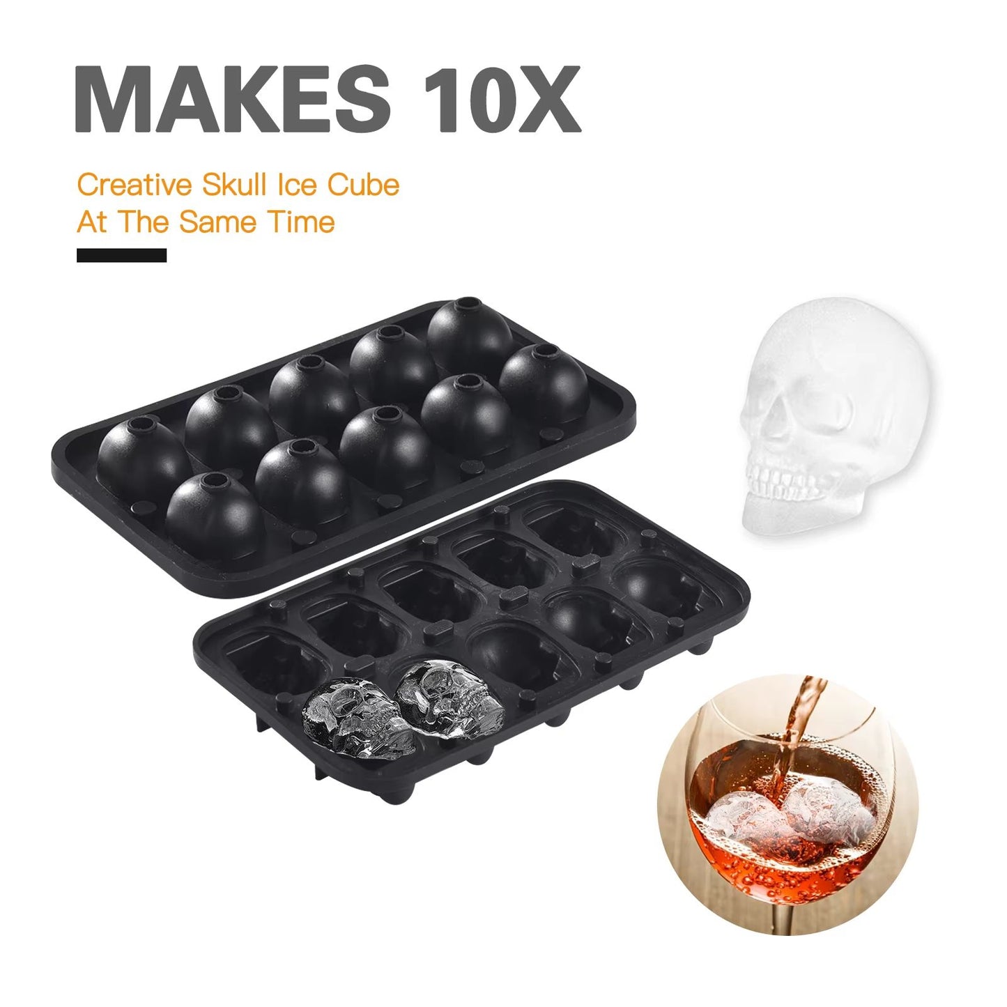 Skull  Whiskey Silicone Ice Mold  10Cavity FoodGrade Ice Block Tray With Filling Funnel 2