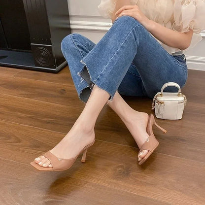 New Summer Slippers For Women Sexy Square Toe Thin Heels Large Size Casual Heel Shoes 2