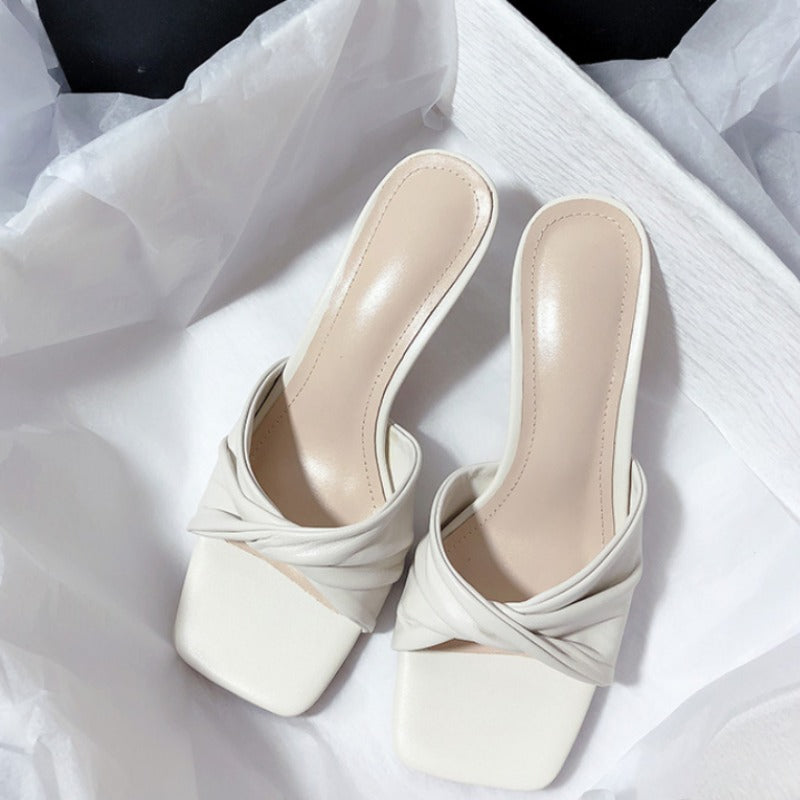 New Fashion Summer Handmade Women Shoes High Heels Square Open Toe Slippers Apricot Off White