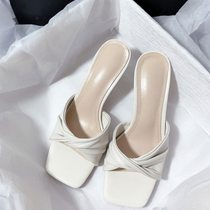 New Fashion Summer Handmade Women Shoes High Heels Square Open Toe Slippers Apricot Off White