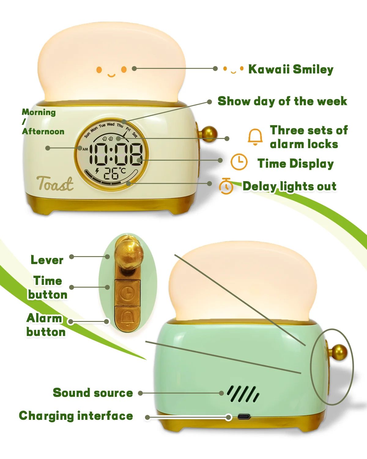 Kawaii Toaster Digital Alarm Clock With LED Night Light  Touch Control 3