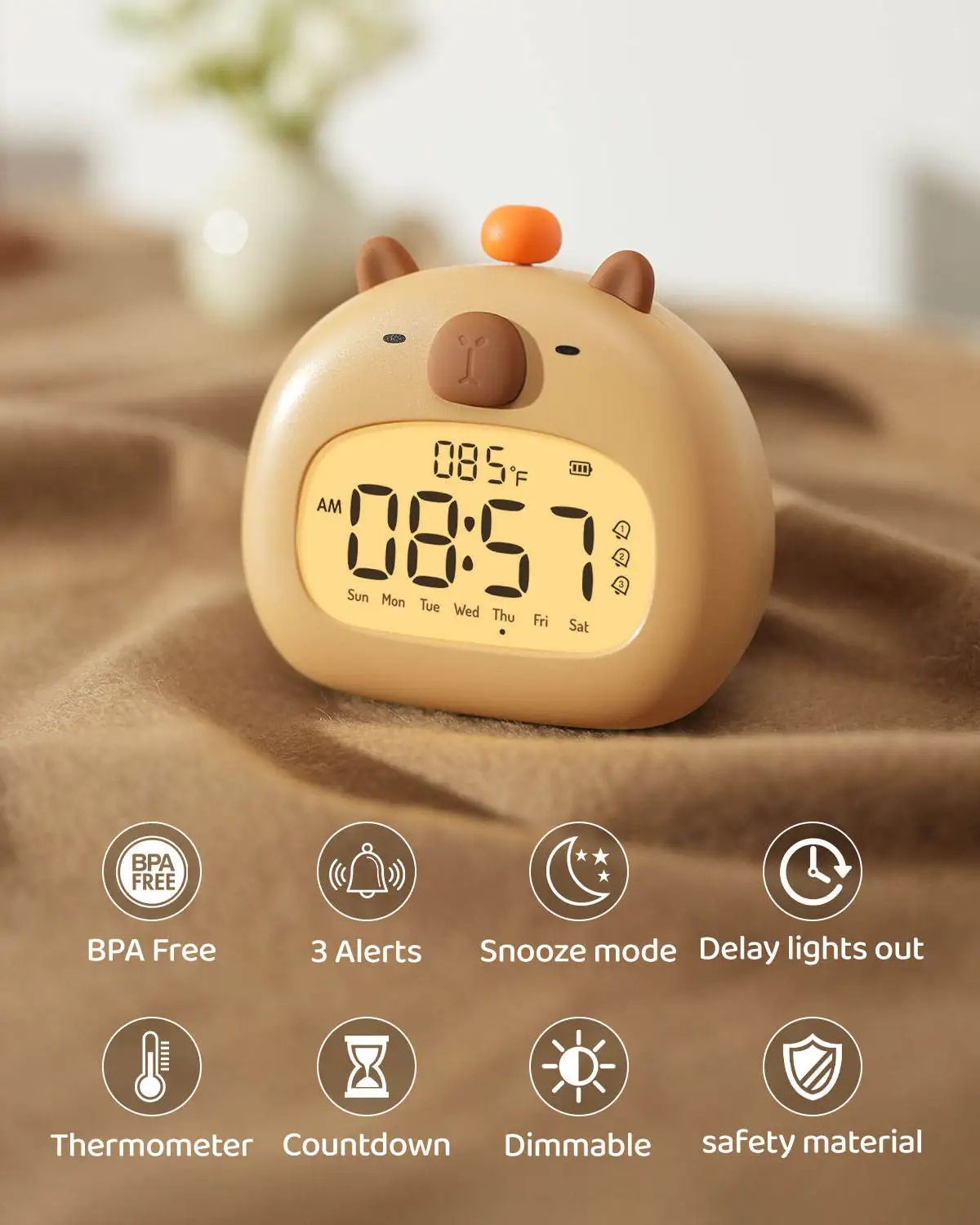 Cute Capybara Alarm Clock With Night Light  Timer  Kids Bedroom Multifunction Clock 5