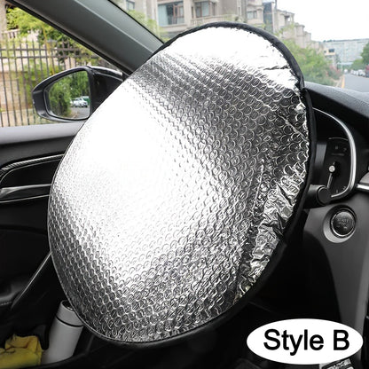 Car Steering Wheel Sun Shade Double Thick Sun Protection AntiUV Foldable Sunscreen Cover Silver Car 4