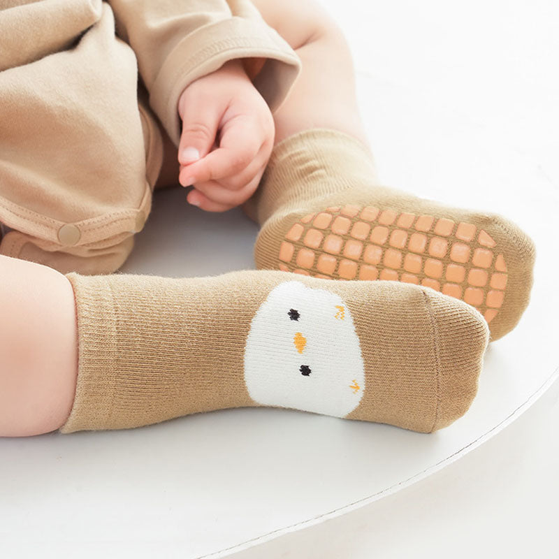 Cute Cartoon Kids Non-Slip Socks, Fox and Bear Pattern, Comfortable Toddler Floor Socks for Boys and Girls