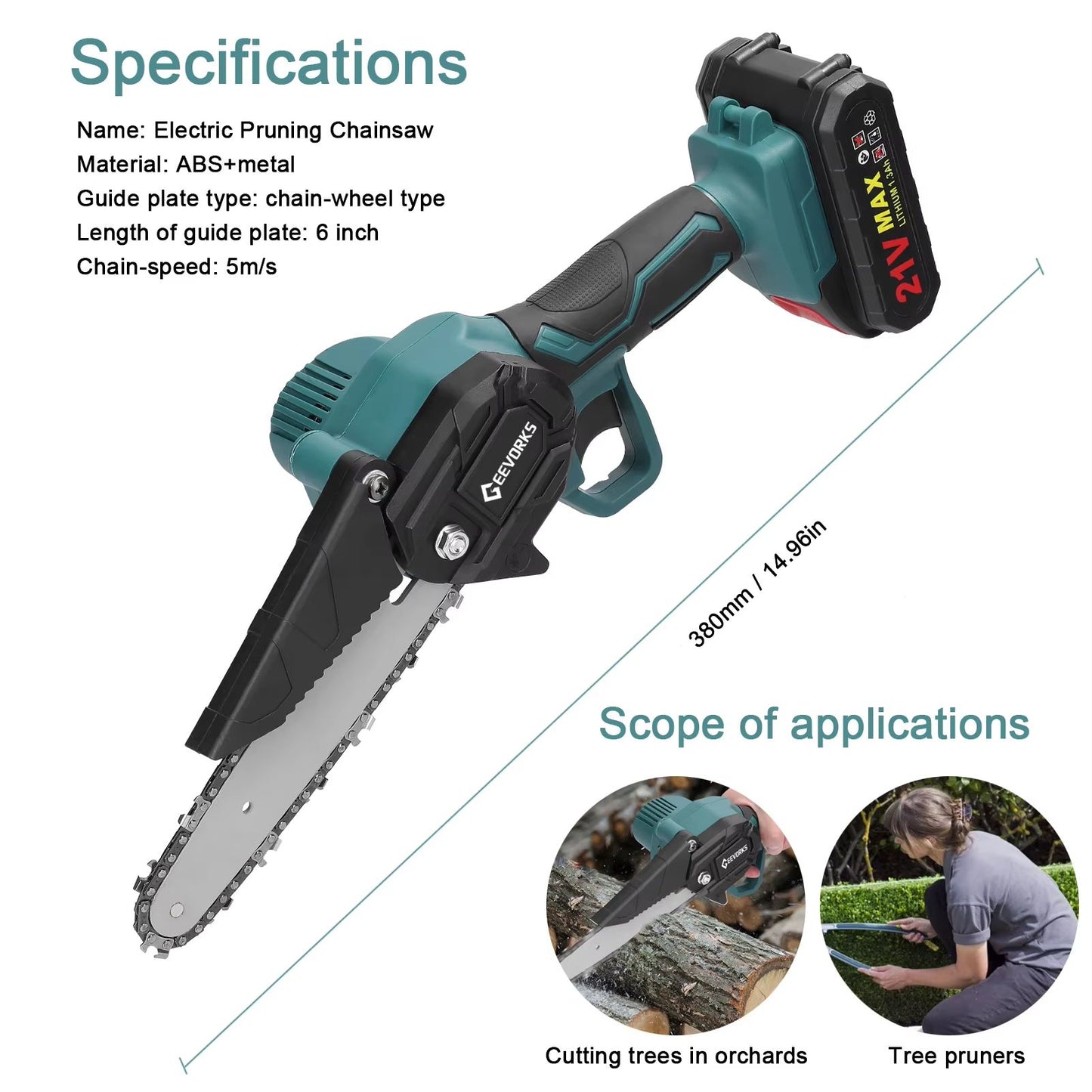 21V 6 Inch Cordless Mini Chainsaw  OneHand Electric Pruning Saw For Garden  Orchard 3