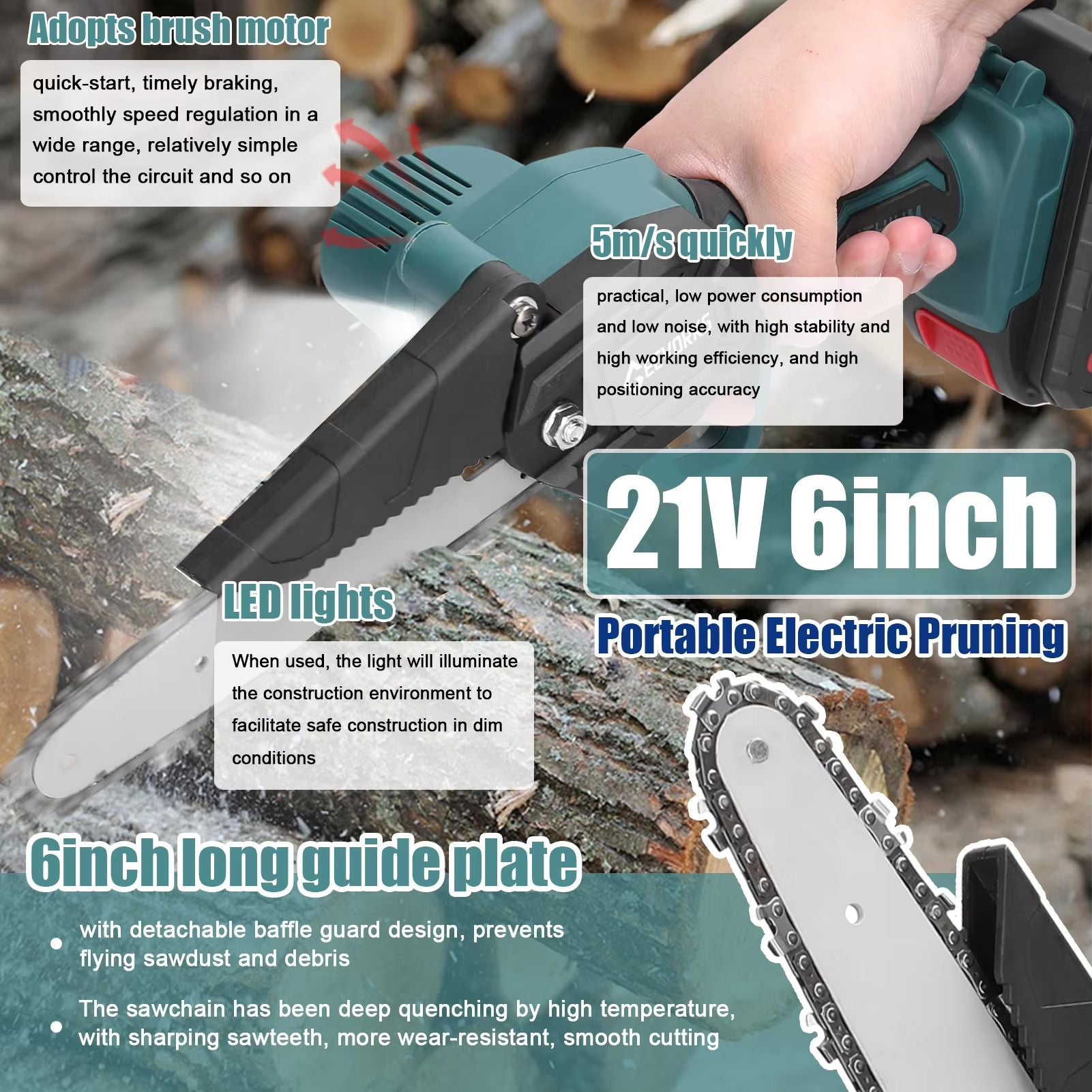 21V 6 Inch Cordless Mini Chainsaw  OneHand Electric Pruning Saw For Garden  Orchard 5
