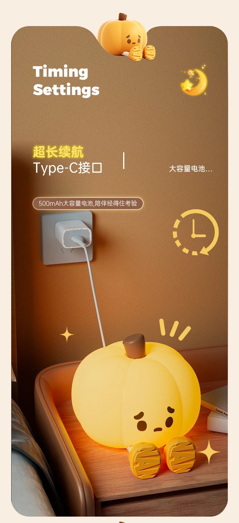 Cute Pumpkin Halloween Night Light  Rechargeable LED Lamp With Press Switch 12