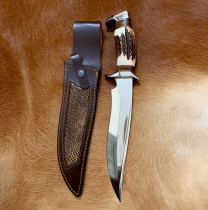 Handcrafted D2 Steel Bowie Knife | Deer Horn Handle | 13" Full/Hidden Tang Outdoor Hunting Knife + Leather Sheath
