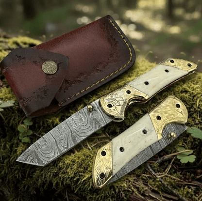 Handmade Damascus Steel Folding Knife | Bone Handle & Brass Bolsters | Engraved Eagle Design + Leather Sheath | Pocket H