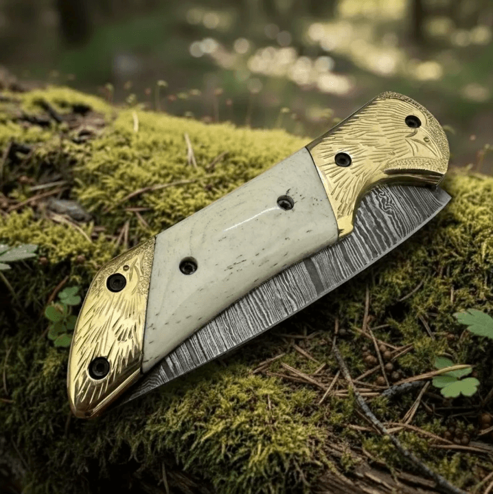 buynow engraved eagle pocket knife brass bolsters