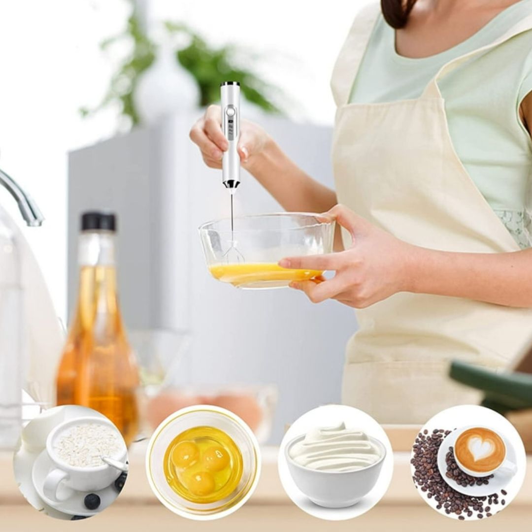 Electric Milk Frother With Egg Beater  Mixer  3Speed USB Rechargeable 1