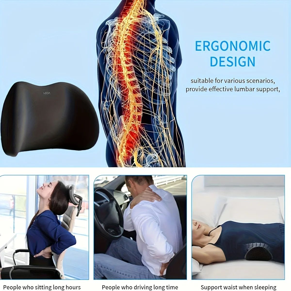 Ultimate Comfort Memory Foam Lumbar Cushion  Ergonomic Back Support Pillow For Office  Home 2
