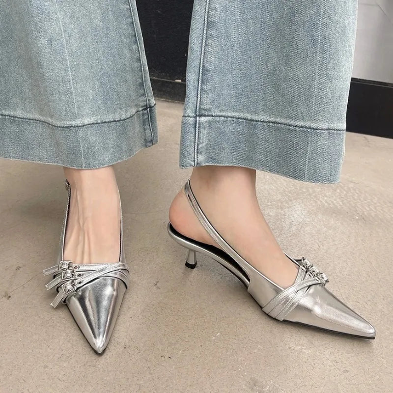 New Arrivals Pointed Toe Women Sandals Fashion Elastic Band Thin Mid Heels Red Black Silver Dress Shoes Woman Fashion