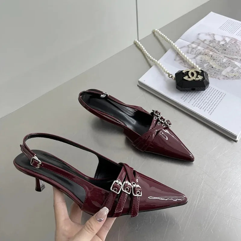 New Arrivals Pointed Toe Women Sandals Fashion Elastic Band Thin Mid Heels Red Black Silver Dress S 1