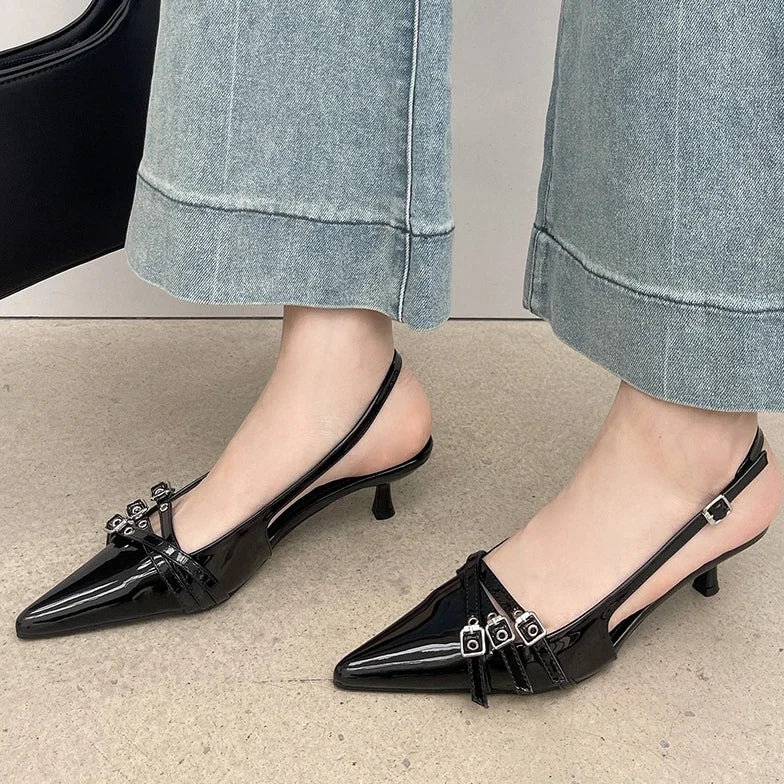New Arrivals Pointed Toe Women Sandals Fashion Elastic Band Thin Mid Heels Red Black Silver Dress S 2