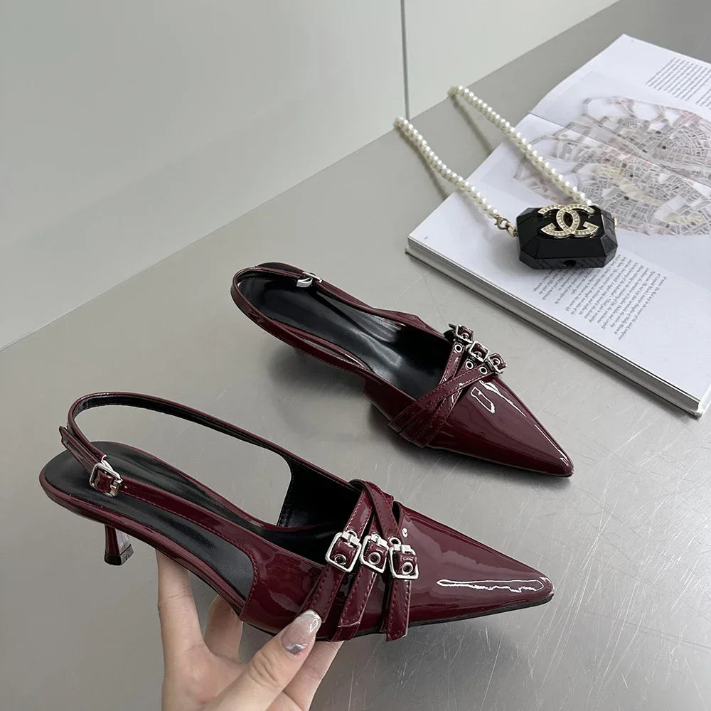 New Arrivals Pointed Toe Women Sandals Fashion Elastic Band Thin Mid Heels Red Black Silver Dress S 4