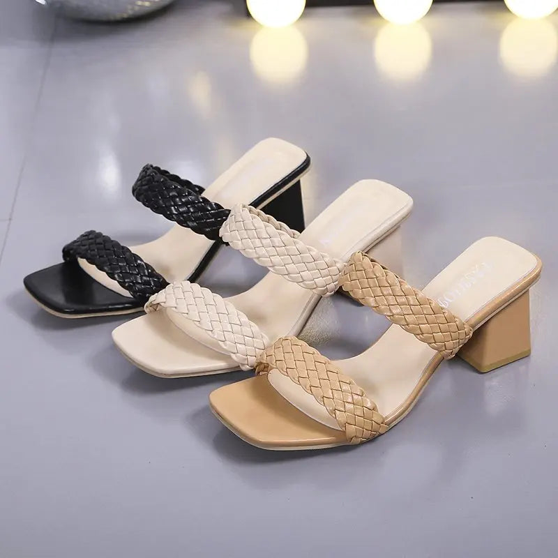 New Summer Sandals with Thick Heel Square Head Solid Color High-heeled Women's Slippers for Outer Wear