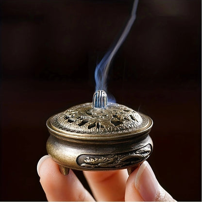 Mini Hollow Brass Pocket Incense Burner, Antique Ornament for Tea Tables, Dragon and Phoenix Decoration