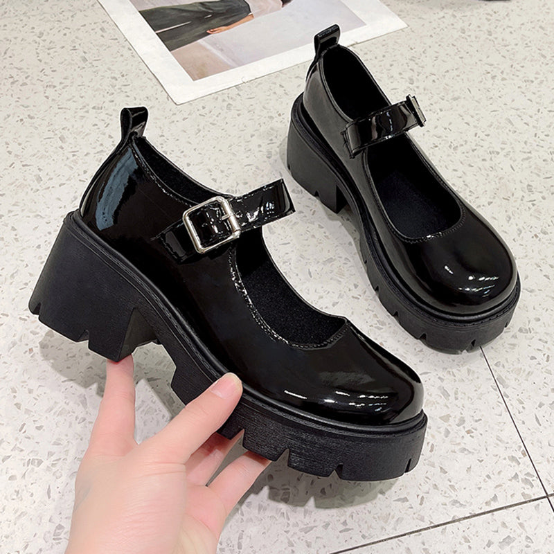 Women Black Ankle Buckle Platform Pumps Punk Mary Jane Shoes Patent Leather Thick Heels