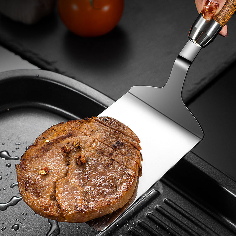 Wood Handle Frying Fish Spatula, Non-stick Pancake Barbecue Tongs, Stainless Steel Steak Tool