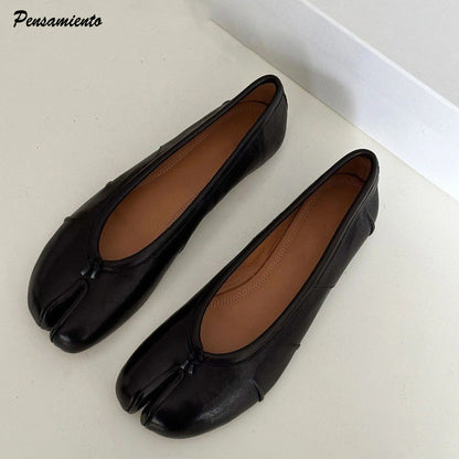 Comfortable Walking Lazy Loafers Fashion Soft Leather Split Toe Women Tabi Ballet Flats For Casual  1