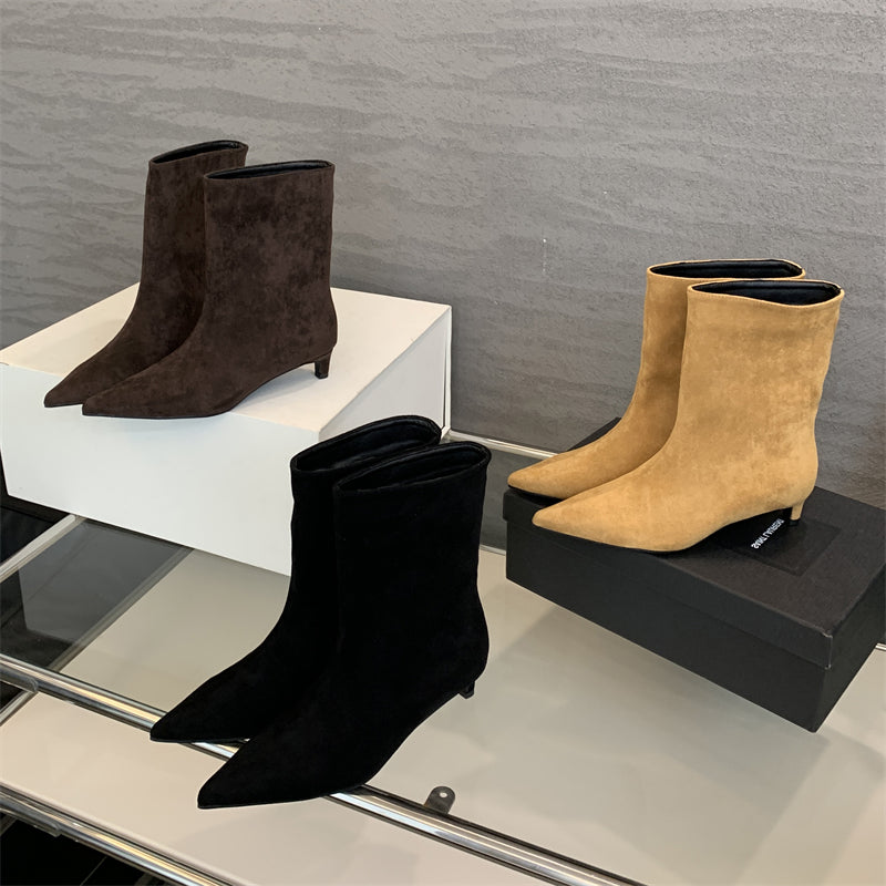 Designer Pointed Toe Ankle Boots Women Autumn Winter Vintage Thin Low Heel Short Modern Shoes