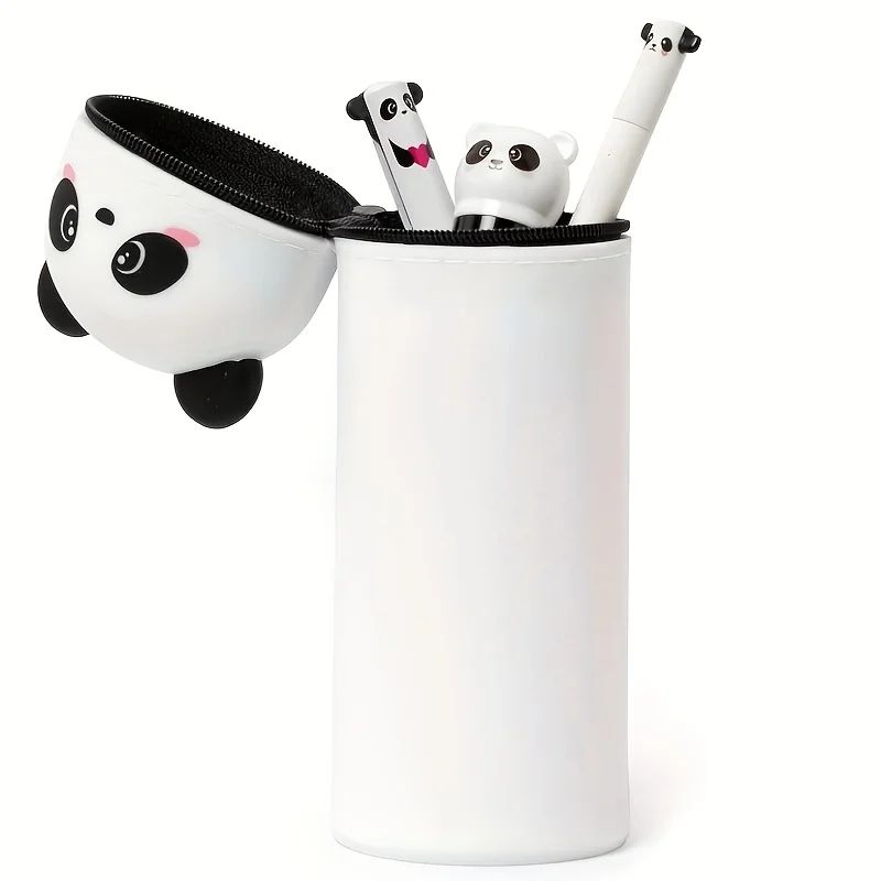 Cute Panda Silicone Pencil Case  2in1 Soft Pen Holder  Zippered Pencil Pouch 4
