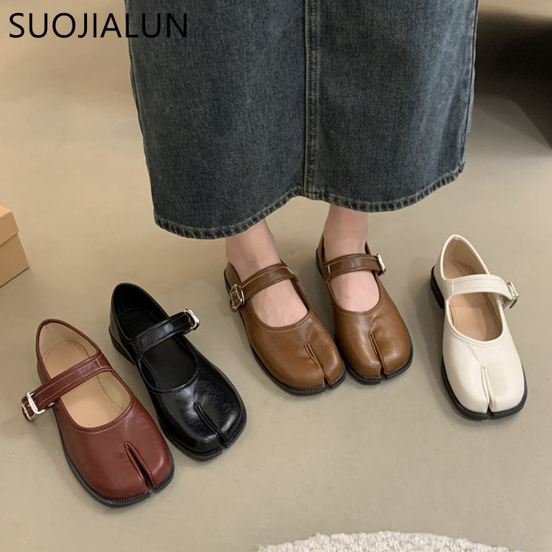 Casual Soft Leather Mary Jane Shoes, Autumn Fashion Split Toe Flat Heel Laofer Shoes for Women, Comfortable Outdoor Flat