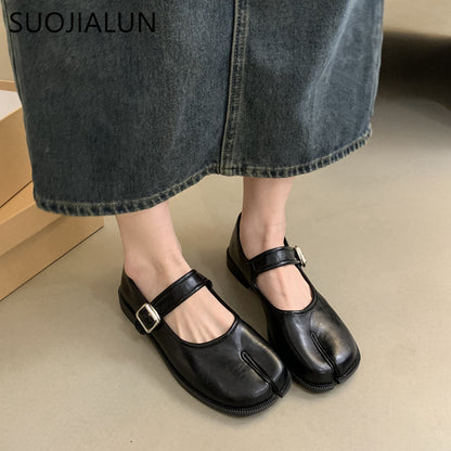 Casual Soft Leather Mary Jane Shoes Autumn Fashion Split Toe Flat Heel Laofer Shoes For Women Comfo 4
