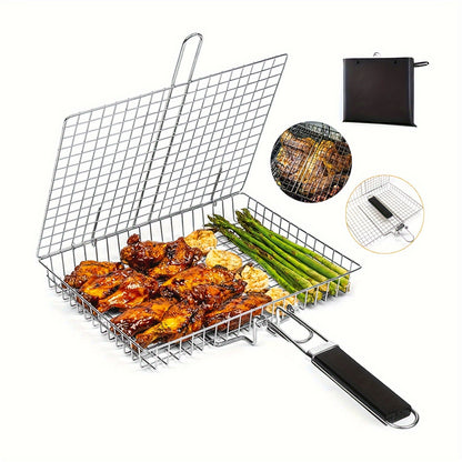 Foldable Stainless Steel BBQ Grilling Basket, Large Capacity for Chicken, Fish, and Vegetables with Nonstick Mesh