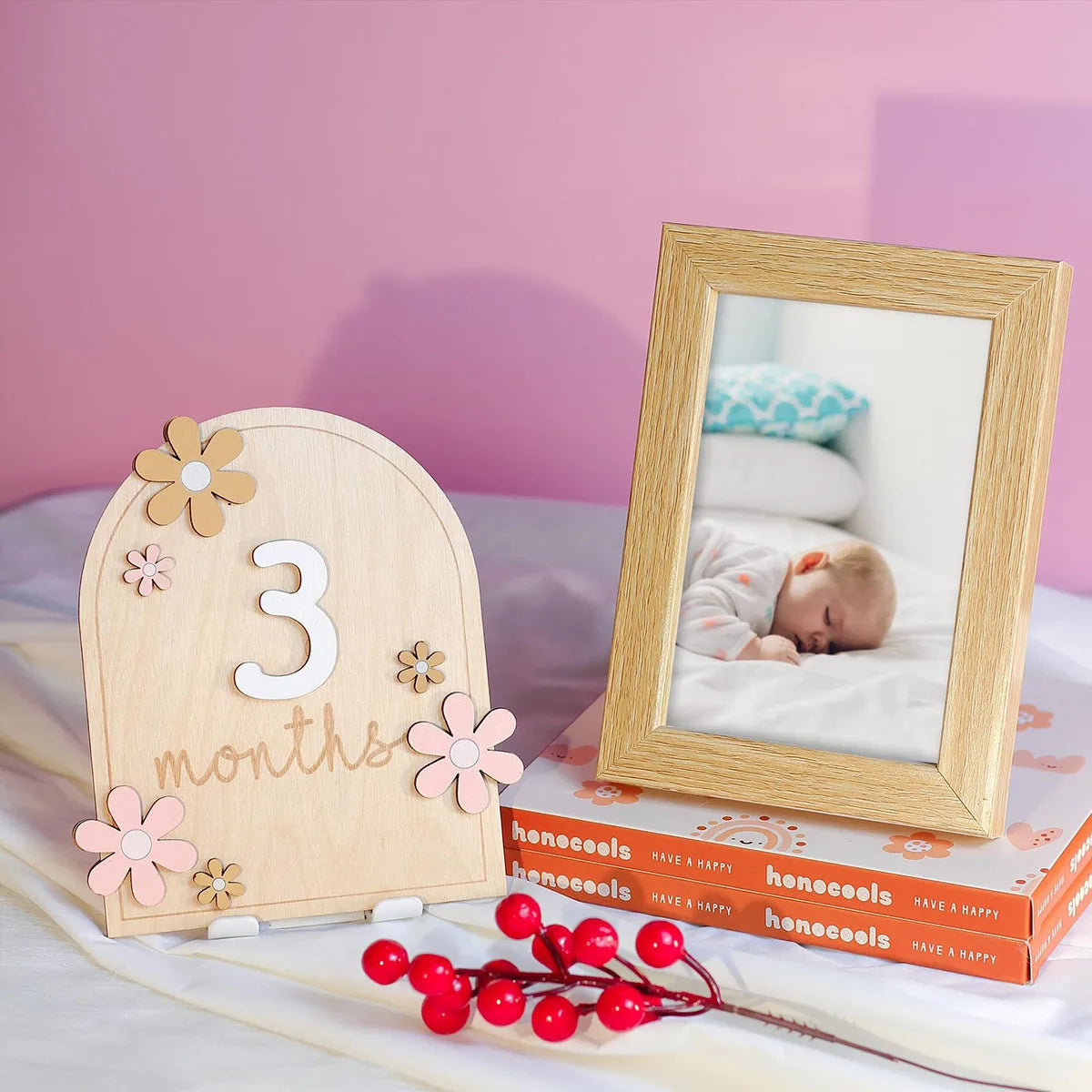 Double-Sided Wooden Baby Milestone Cards, Monthly Numbers, Floral Newborn Photography Props for Boys and Girls