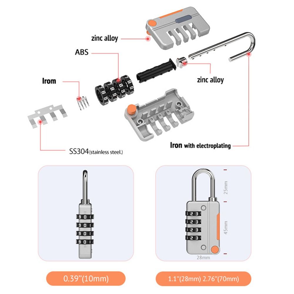 Zinc Alloy Combination Lock, Travel Safe Padlock for Suitcases and More