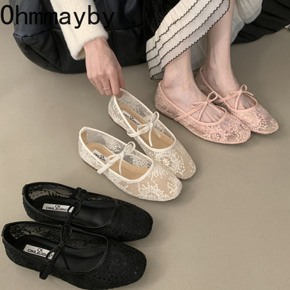 Fashion Spring Lace Mary Jane Shoes Soft Sole Slip On Comfort Flats for Women