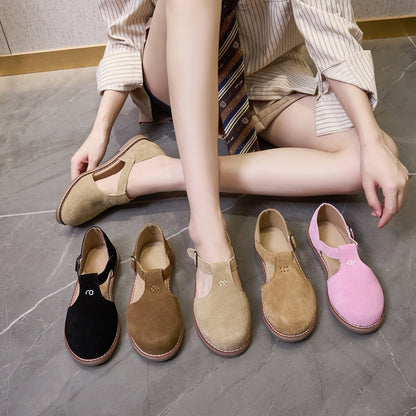 New Retro Women's Sandals Flat-Soled Frosted Leather Hollow Roman Shoes