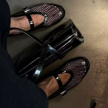 Breathable Mesh Black Ballet Shoes Female Fishnet Sandals Summer Flat Hollow Single Shoe 1
