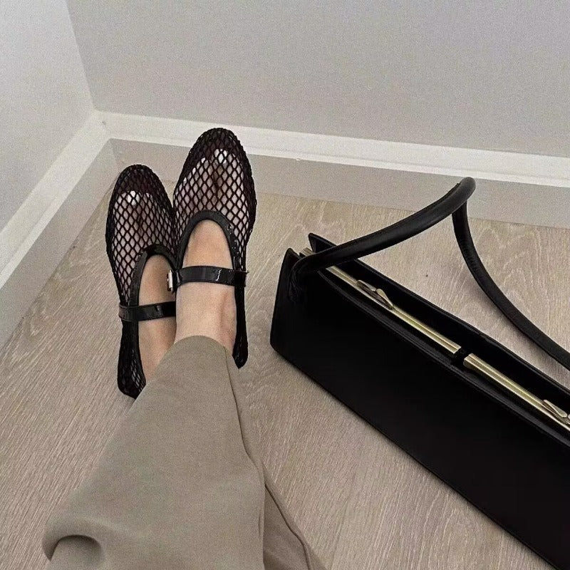 Breathable Mesh Black Ballet Shoes Female Fishnet Sandals Summer Flat Hollow Single Shoe 2