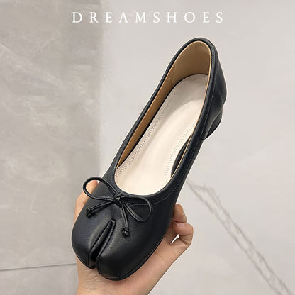 Women Spring Flats With Bow Tie Front Split Toe Soft Leather Slip On Ballet Tabi Shoes For Girls 3