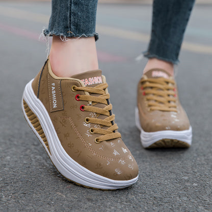 Comfortable Lace-up Sneakers, Ladies Casual Sports Shoes, Breathable Wedge Heel, Thick Sole Sneakers