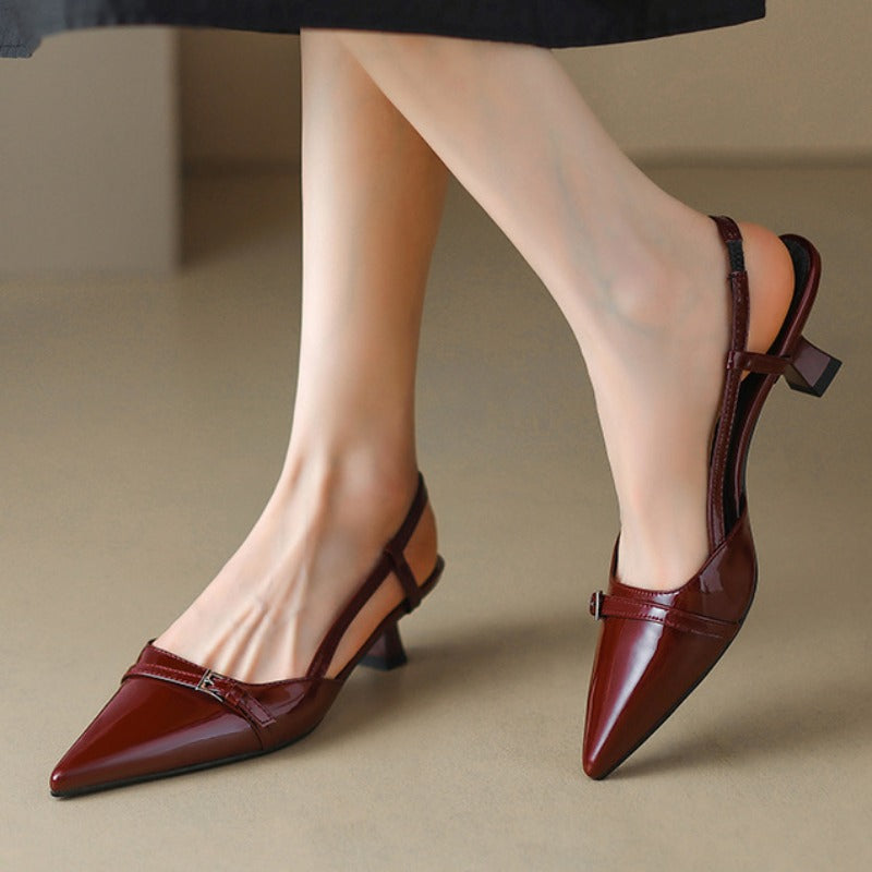 Patent Leather Slip on Pointed Toe Sandals New Summer Women's Dress Shoes Buckle Slingbacks Mid Heels Pumps for Stylish