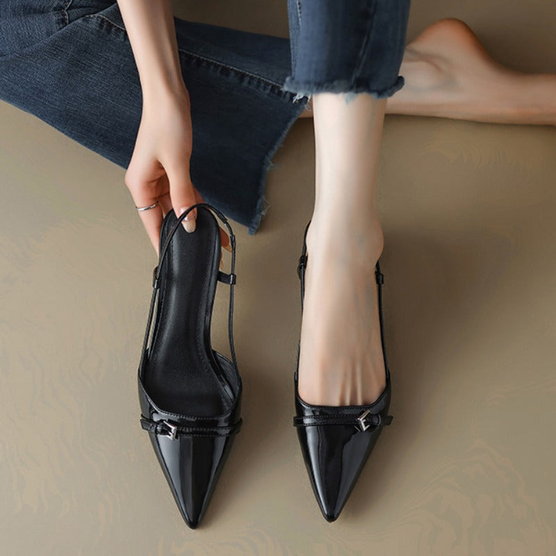 Patent Leather Slip On Pointed Toe Sandals New Summer Womens Dress Shoes Buckle Slingbacks Mid Heel 1