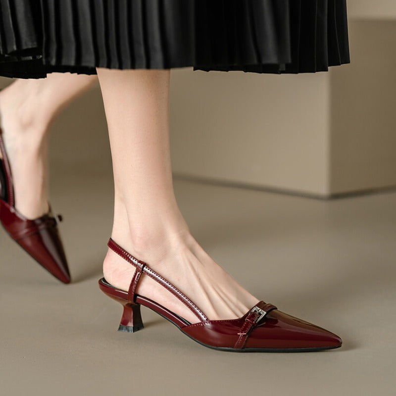 Patent Leather Slip On Pointed Toe Sandals New Summer Womens Dress Shoes Buckle Slingbacks Mid Heel 4